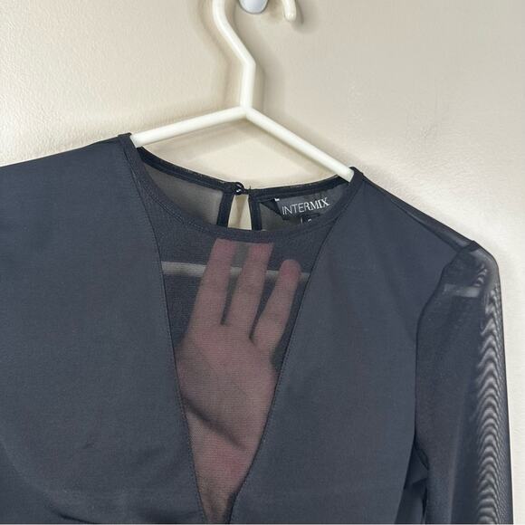 Intermix Bodysuit Womens Small Black V-Neck Sheer Mesh Long Sleeves - Picture 6 of 13